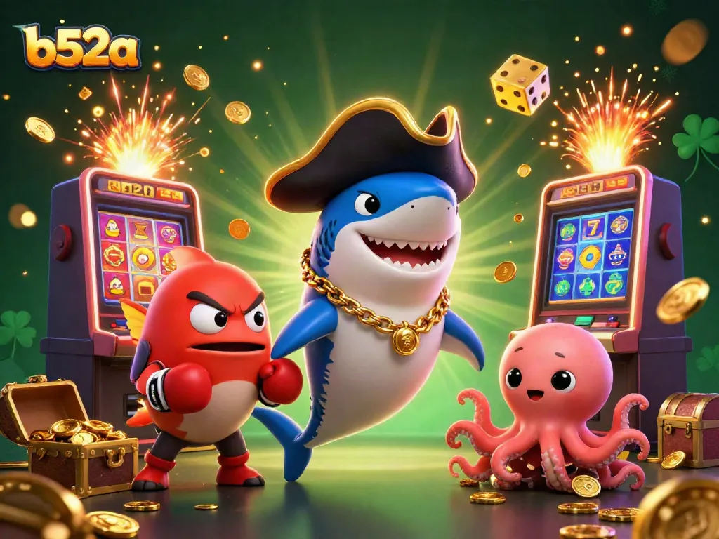 Experience the excitement of b52a with a lively casino scene featuring a shark, pufferfish, and octopus, surrounded by jackpots and casino games.