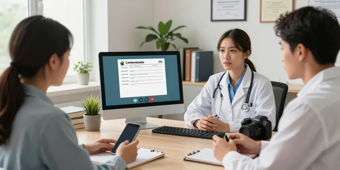 Patient erhält Cannabis rezept online während Videokonsultation mit Arzt in professioneller Umgebung.