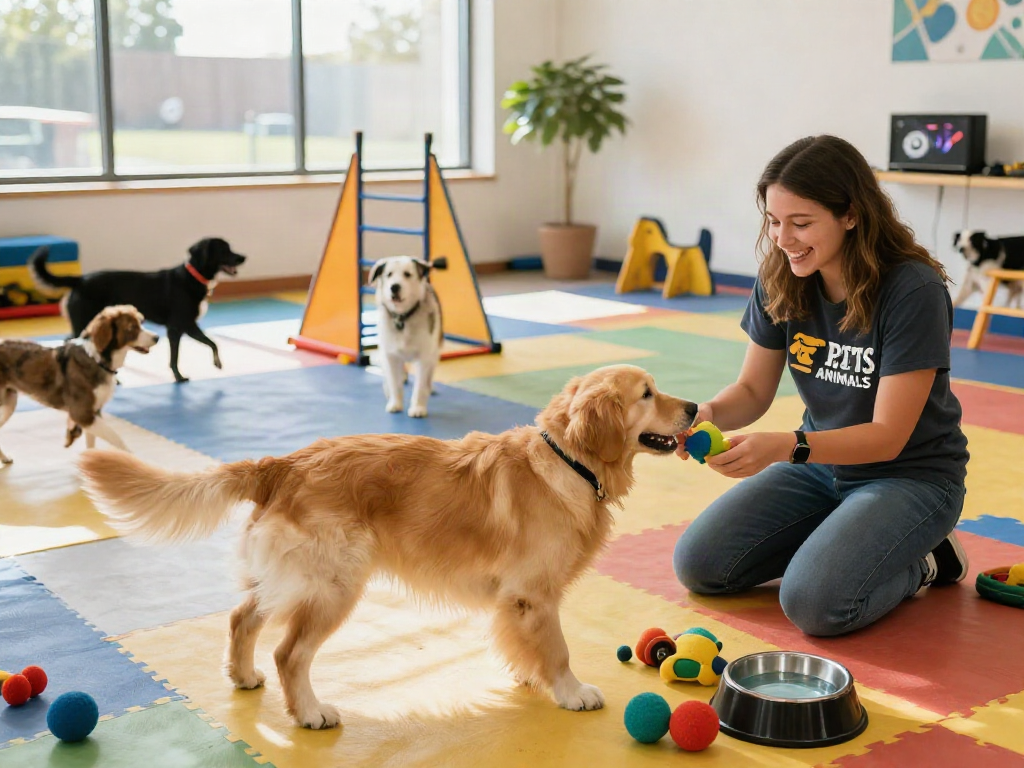 Engaging dog daycare scene with dogs playing and caretaker, showcasing environment for deposit 10k services.