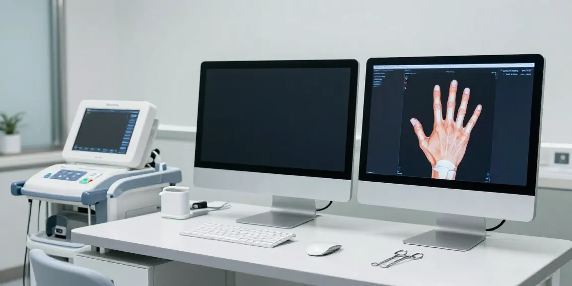 Handchirurgie München: Moderne Praxis mit chirurgischem Equipment und 3D-Handanatomie.