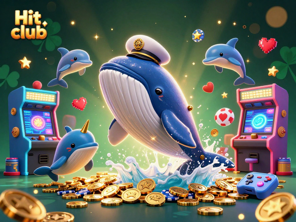 Playful dolphins and a giant whale in a vibrant Hit club casino scene filled with sparkling coins.
