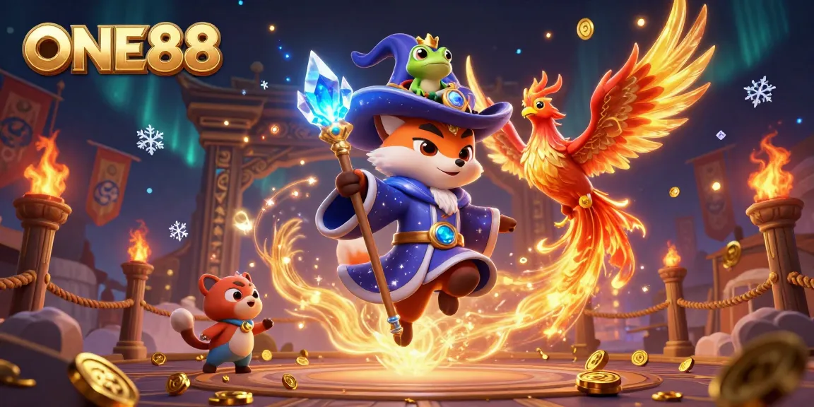 Engage in thrilling gaming adventures at ONE88 with a mystical fox wizard and fiery phoenix.