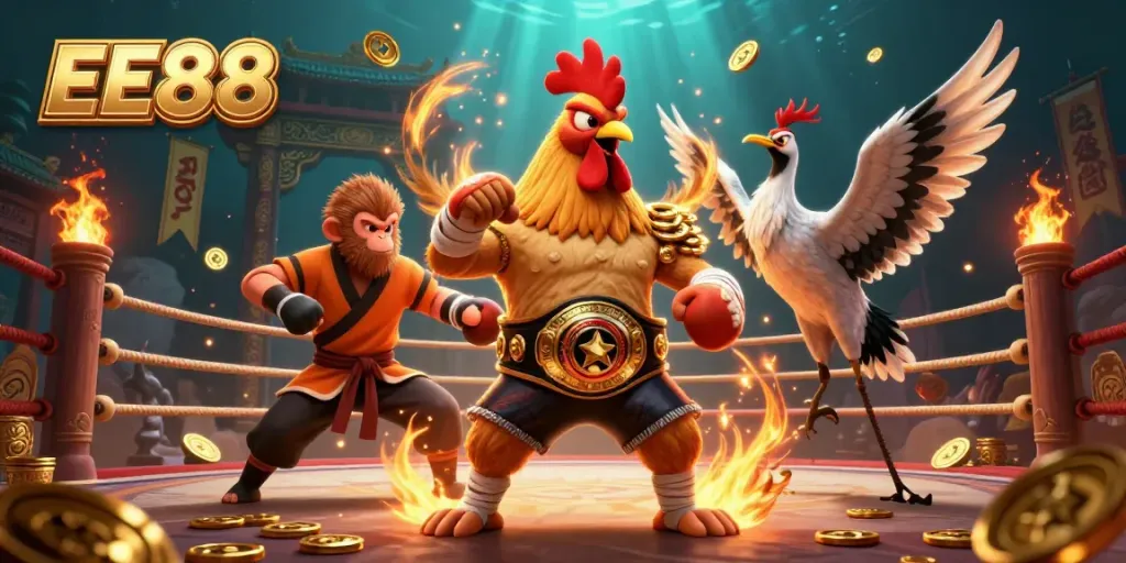 Experience thrilling battles at EE88 with a dynamic illustration of martial arts and casino themes.