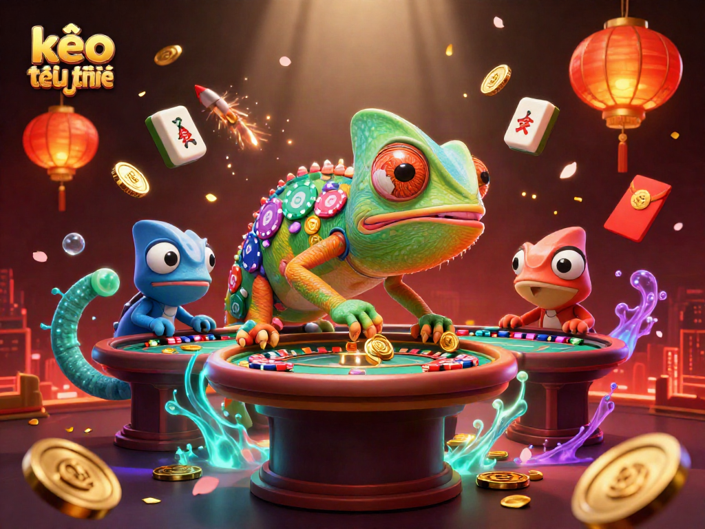 Engage in kèo trực tuyến betting with vibrant casino elements and colorful chameleon characters