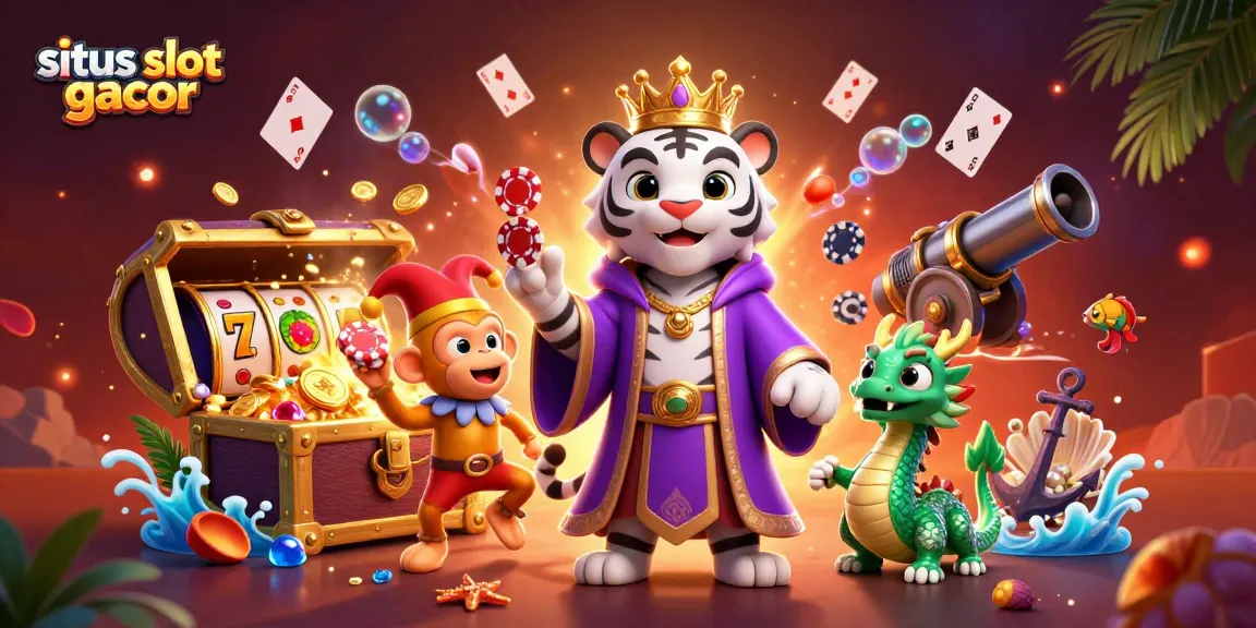 The lively depiction of situs slot gacor featuring a white tiger, monkey juggling chips, and a jade dragon in a vibrant casino scene.