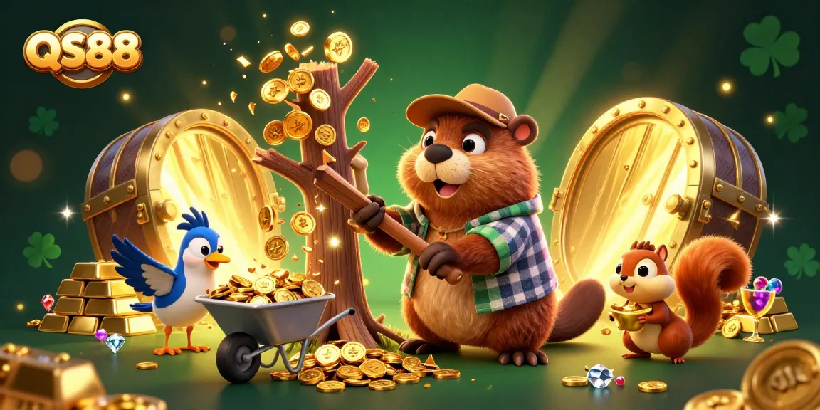 Experience the thrill of winning with QS88 in this vibrant 3D illustration filled with gold and casino elements.