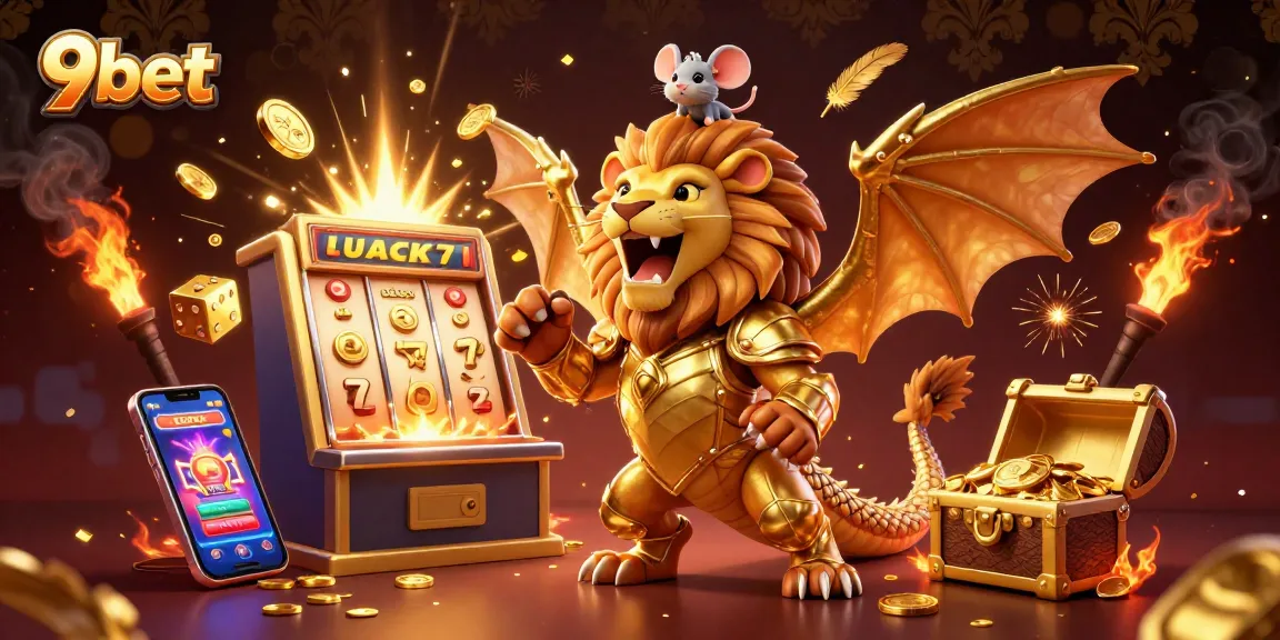 9bet casino game illustration featuring a chimera creature and slot machine bursting with coins and jackpots.