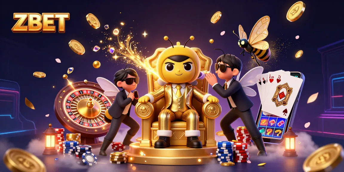 ZBET showcases a vibrant casino scene with a bumblebee mob boss and dynamic gaming elements.