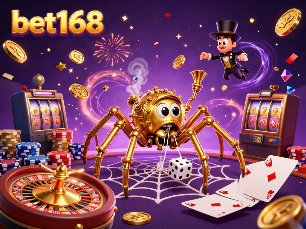 Engage with bet168's thrilling atmosphere in a vibrant 3D casino scene filled with action, gold coins, and excitement.