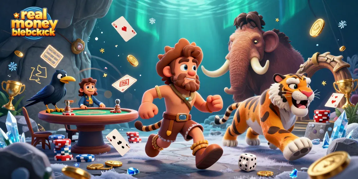 Experience real money online blackjack excitement with cavemen and sabertooth tigers in a lively casino scene.