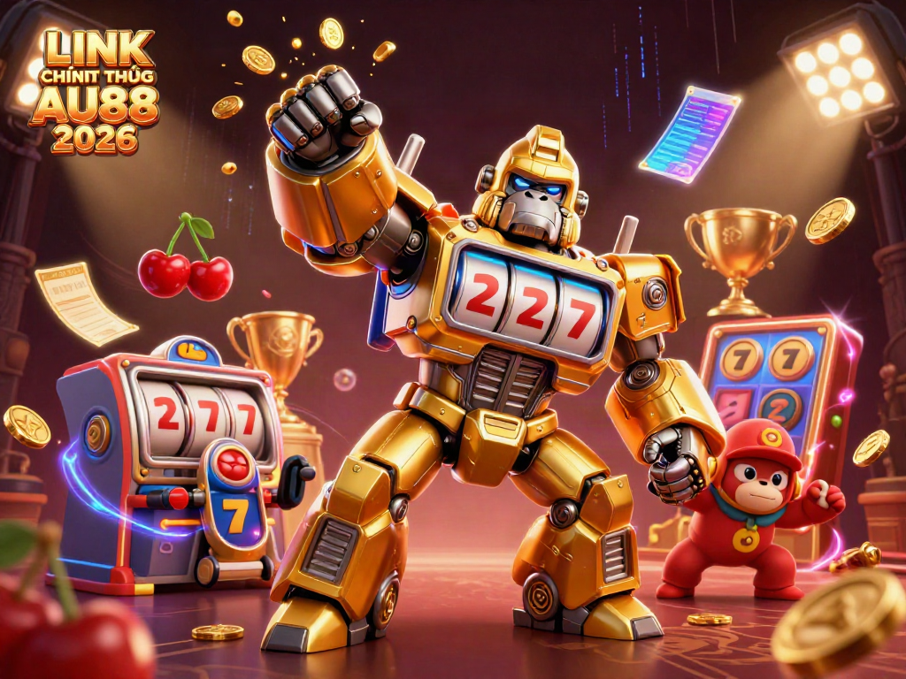 Experience the thrill of LINK CHÍNH THỨC AU88 2026 with a lively illustration of a golden gorilla mech and slot elements.