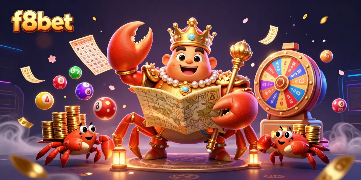 Engage with f8bet’s vibrant 3D casino scene featuring a golden crab emperor and thrilling lottery elements.