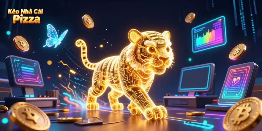 Experience the thrill of Kèo Nhà Cái Pizza with vibrant digital casino elements and energetic characters.