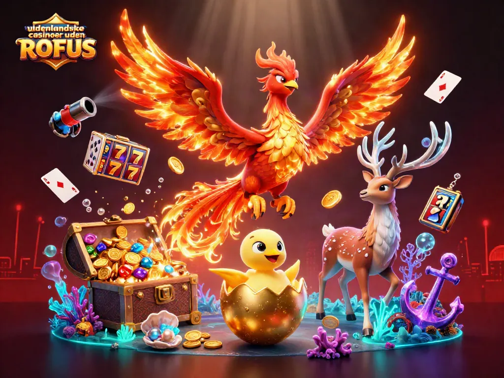 Engage with udenlandske casinoer uden ROFUS by playing exciting slots in a vivid illustrated scene.