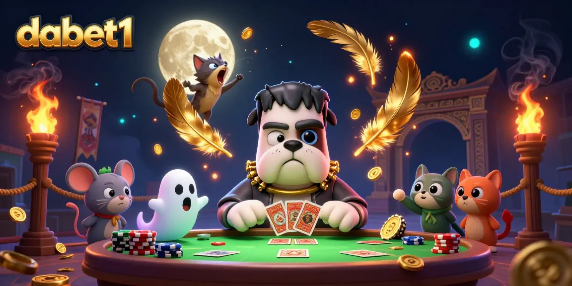 dabet1 engages players with a ghostly mouse and animated characters in a vibrant casino scene.