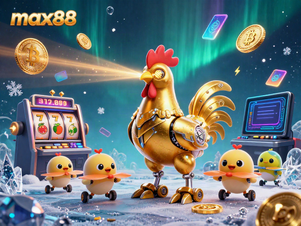 Experience max88's vibrant gaming world with a golden rooster robot and baby chick drones amidst slot machine elements and crypto icons.