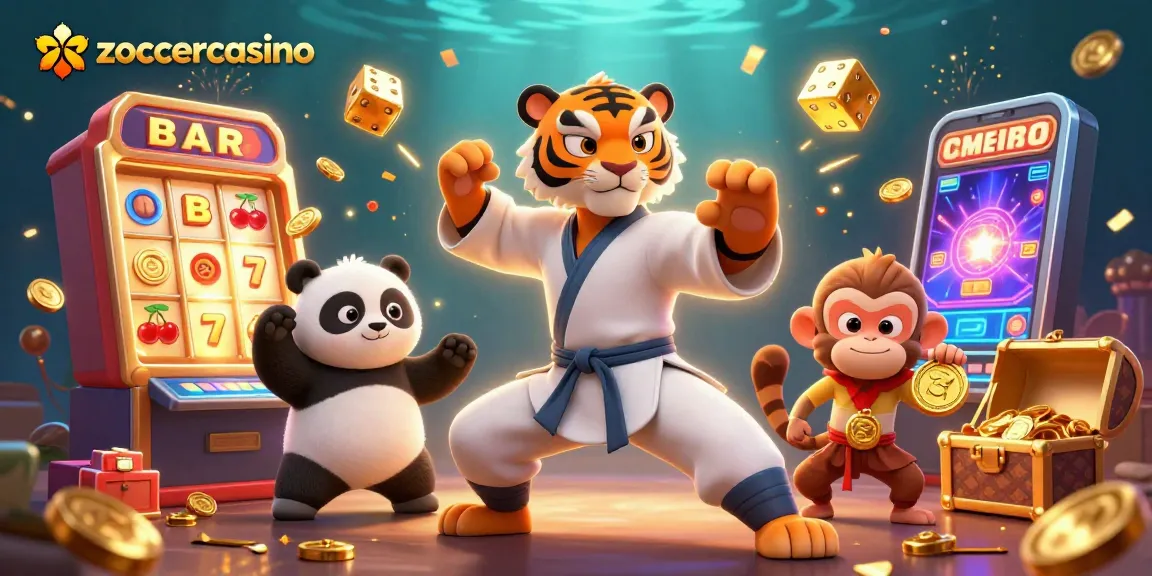 Erlebe das zoccercasino mit einem Kung-Fu-Meister und einem Panda in Aktion, umgeben von Spielautomaten und goldenen Medaillen.