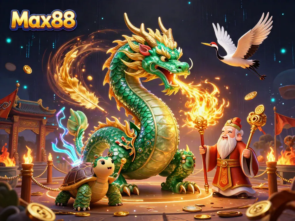 Max88 showcases an emerald dragon and wise turtle in a vibrant casino scene with gold coins.