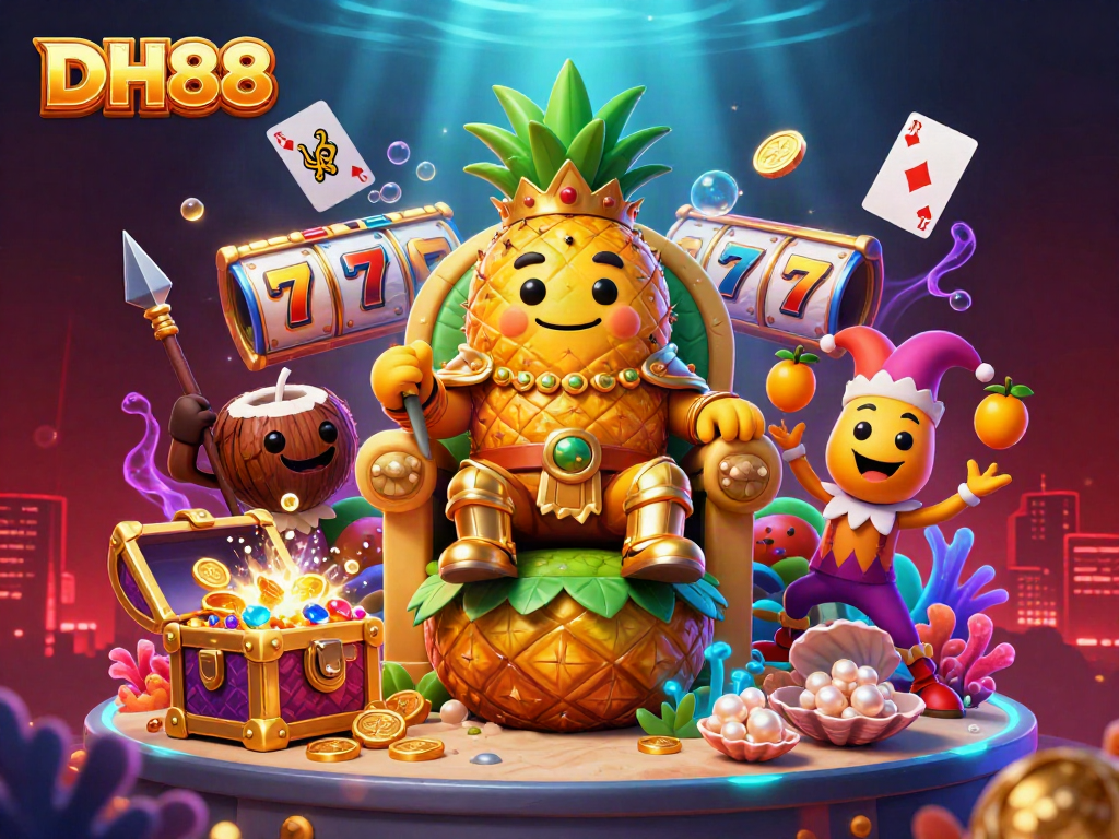Engage with the DH88 beach casino scene, featuring a pineapple king and dynamic gambling elements.