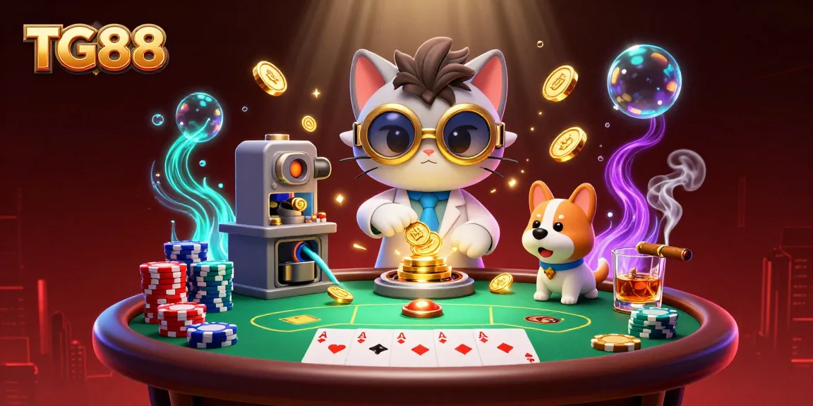 Engage with TG88's innovative gaming scene featuring a mad scientist cat and loyal dog amidst vibrant casino elements.