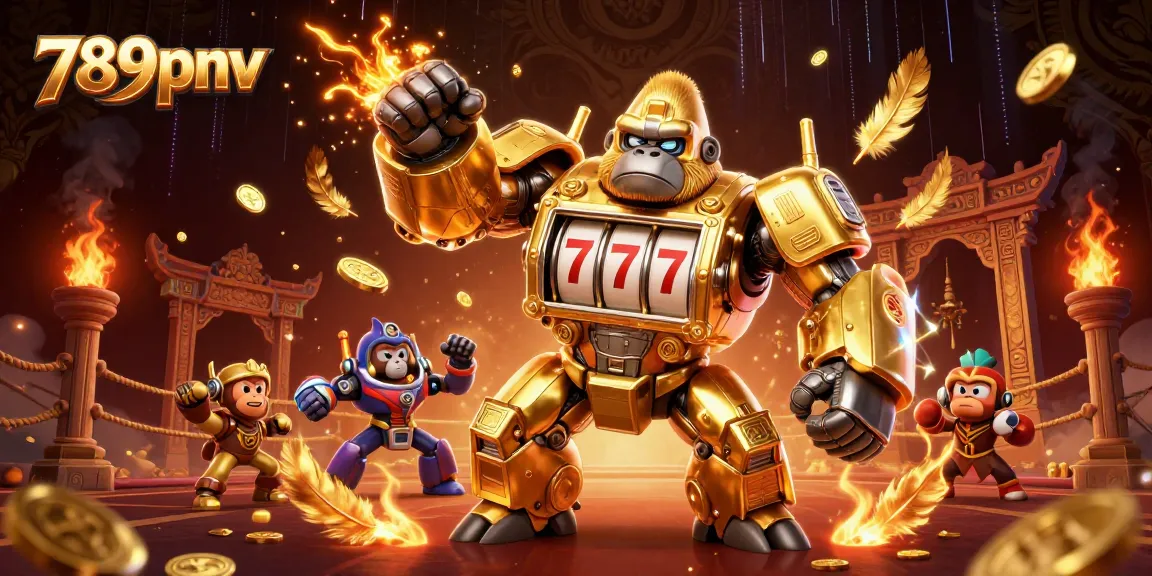 Experience thrilling fun with 789pnv as a golden gorilla mech punches through coins in this exciting casino scene.