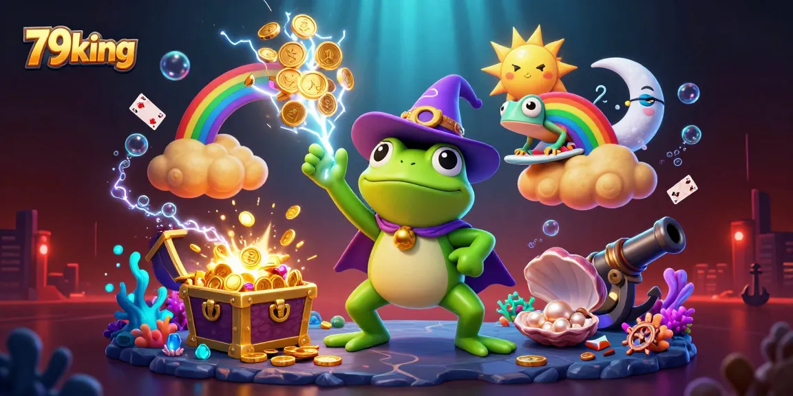 Experience the magic of 79king as cartoon characters unleash coins in a vibrant casino scene.