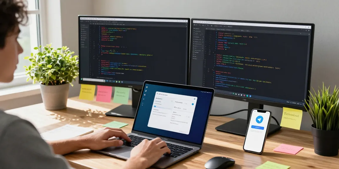 Customizing Telegram Chinese interface on laptop in a modern tech workspace.