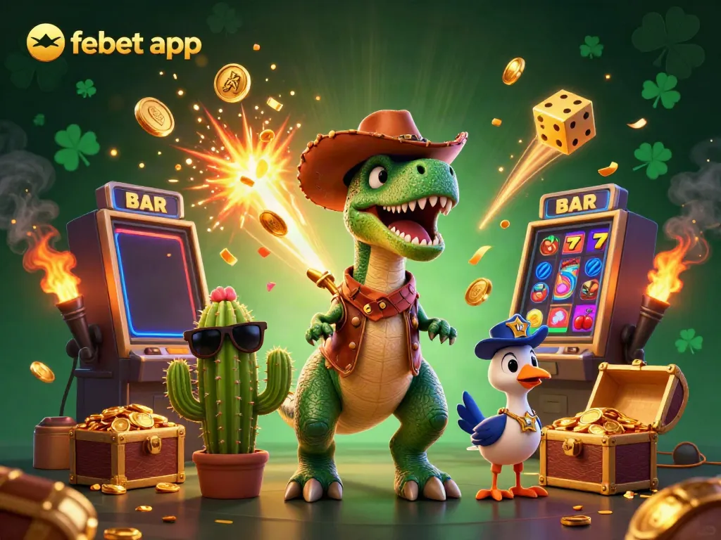 Experience the excitement of the febet app with a vibrant casino scene featuring a T-Rex, slot machines, and golden treasures.