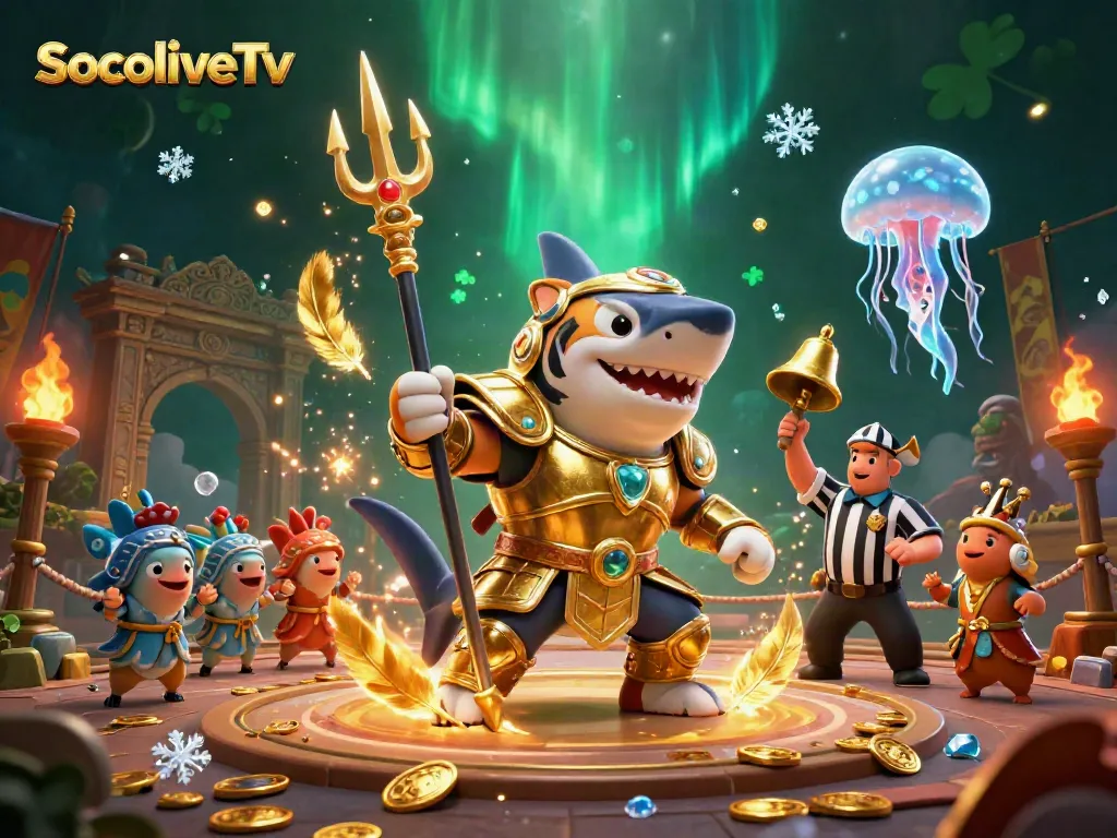 SocoliveTv showcases a vibrant underwater colosseum featuring a gladiator tiger shark, cheering fish, and a jellyfish referee, ideal for lively gambling entertainment.