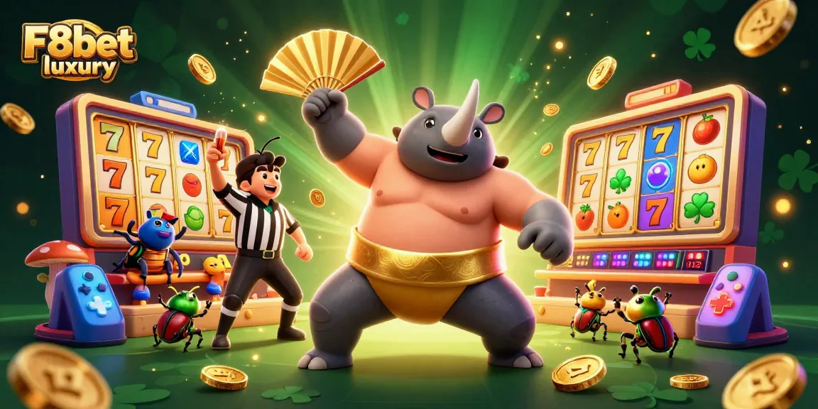 Watch the exciting F8bet luxury sumo champion beetle game amidst golden coins and casino action.