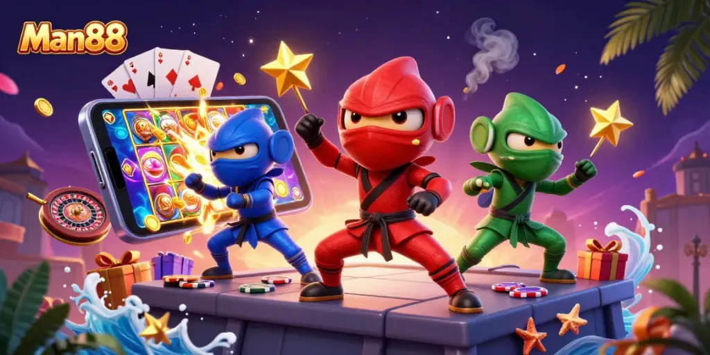 Man88 chameleon team showcases exciting slots and casino gaming action with vibrant visual elements.