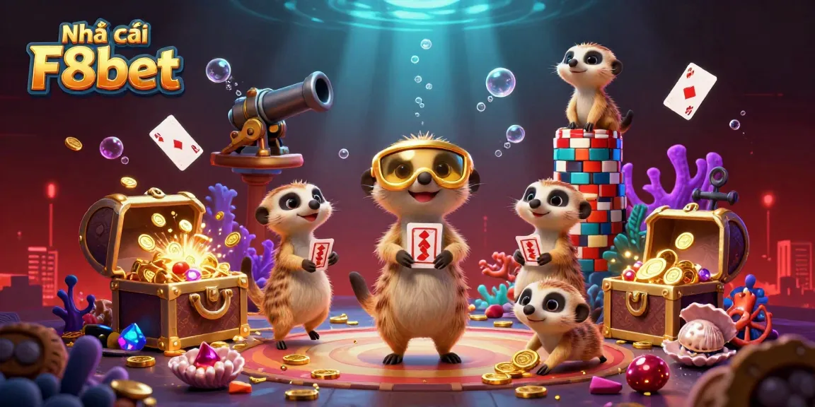 Engaging meerkat characters promote Nhà cái F8bet in a vibrant casino scene with treasures and gambler excitement.