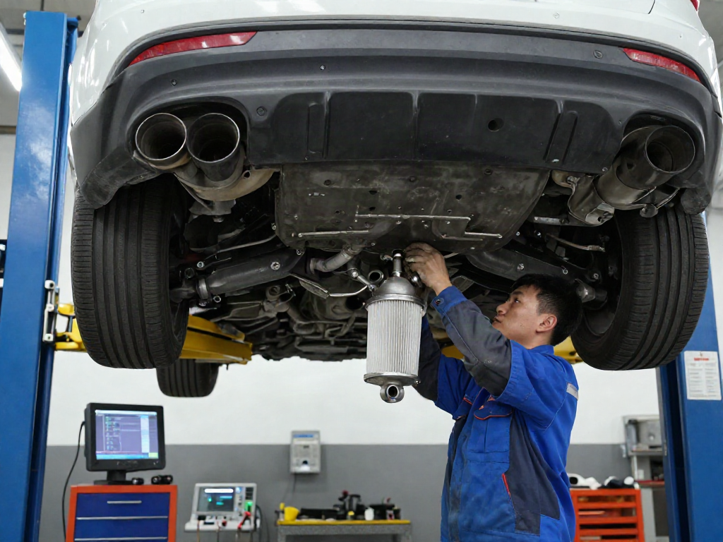 Mechaniker überprüft die DPF-Regeneration im Autoservice mit Werkzeugen und Diagnosetechnik.