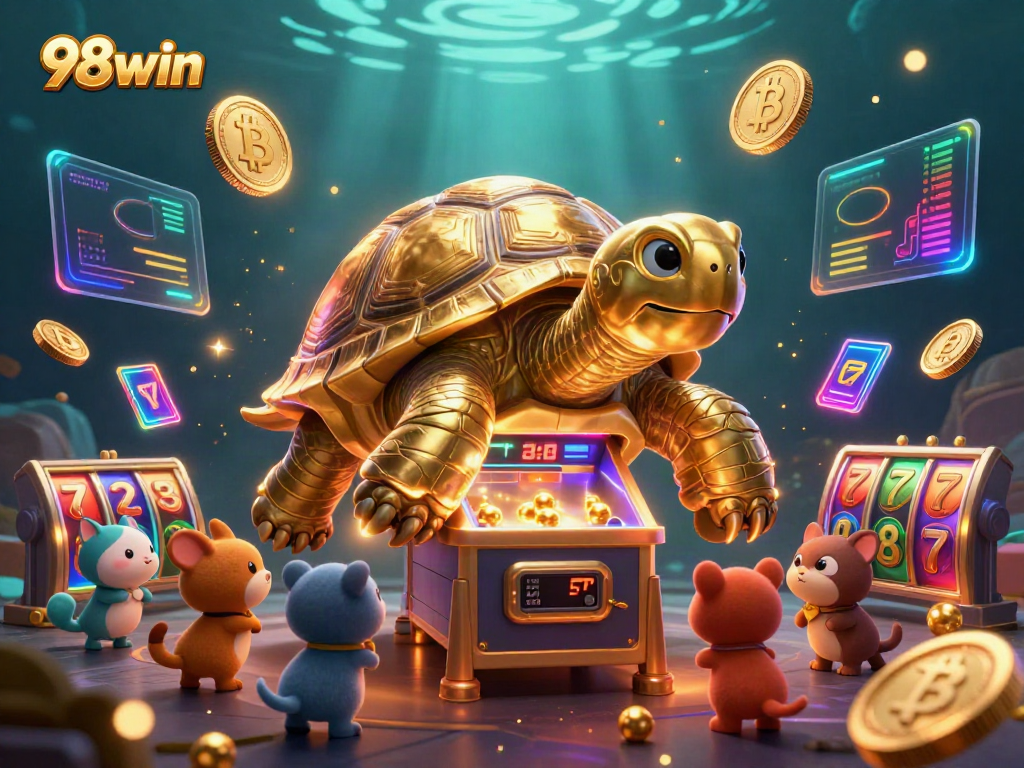 Experience the 98win excitement through a vibrant 3D depiction of playful gaming dynamics.