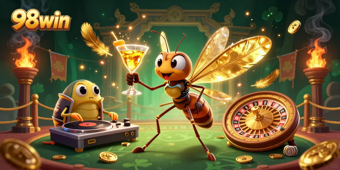 Engage with 98win's vibrant casino scene featuring a unique mascot, DJ, and roulette wheel.