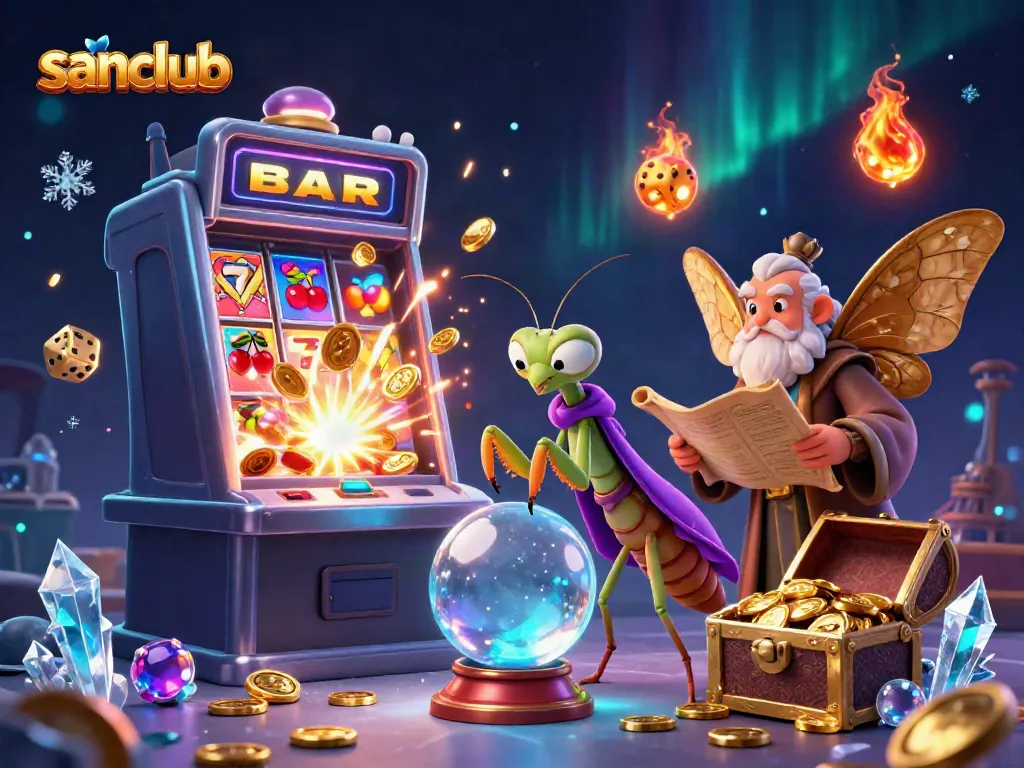 Experience thrilling gameplay with sanclub's vibrant casino illustration featuring captivating characters and vibrant slot machine elements.