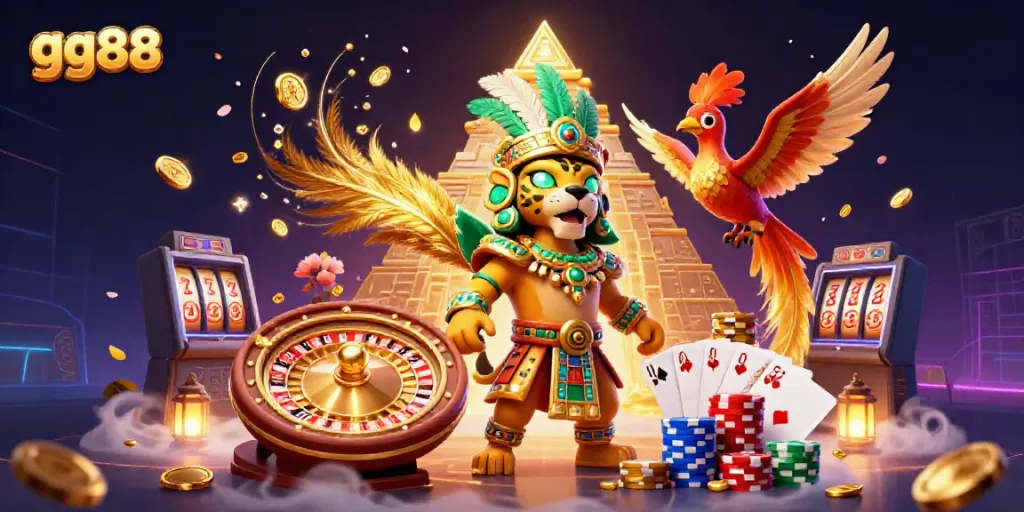 Experience thrilling gameplay at GG88 with a Mayan priest and golden game elements illuminating an exciting casino atmosphere.