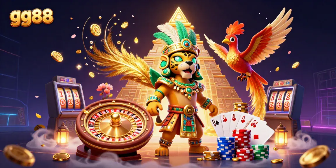 Experience thrilling gameplay at GG88 with a Mayan priest and golden game elements illuminating an exciting casino atmosphere.
