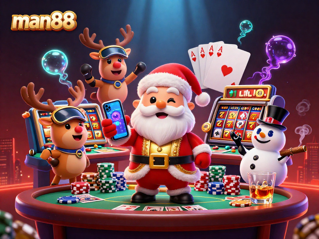 Experience thrilling gameplay at man88 with Santa and friends surrounded by exciting casino elements.