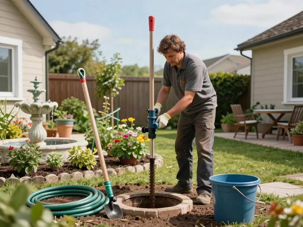 Brunnenbohrer bei der Arbeit im Garten, umgeben von Gartenwerkzeugen.