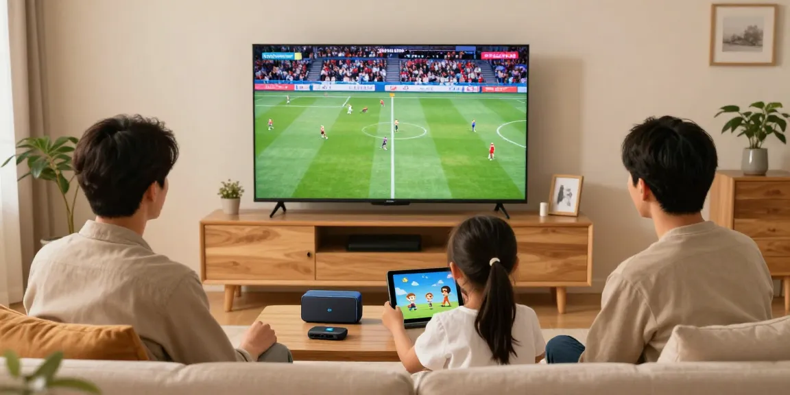 Familie genießt eine spannende IPTV-Sitzung beim Fernsehen und Streaming, während sie IPTV kaufen.