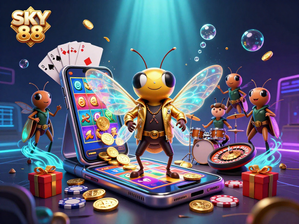 Engage with the fun at SKY 88 showing 3D elements like a lively rock star, slot games, and poker.