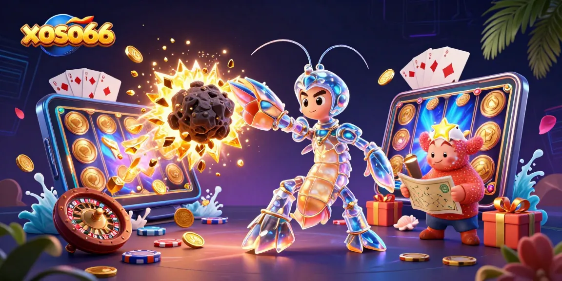 Xoso66 offers a vibrant, dynamic scene featuring a galactic mantis shrimp and starfish interacting with casino elements, showcasing excitement in online gambling.