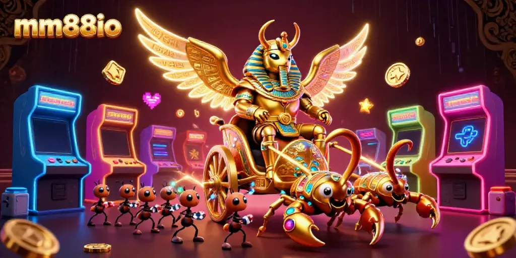 Experience thrilling gameplay with the vibrant mm88io golden beetle and scorpions in this playful casino illustration.