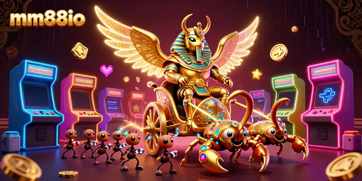 Experience thrilling gameplay with the vibrant mm88io golden beetle and scorpions in this playful casino illustration.