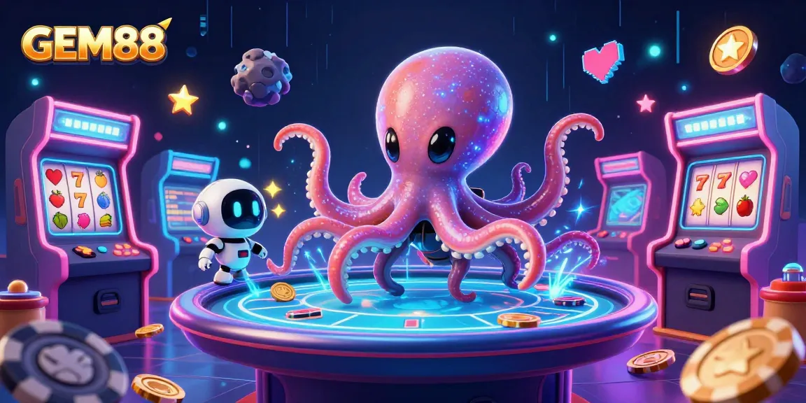 Experience GEM88 excitement with a vibrant gaming scene featuring an alien octopus and game elements.