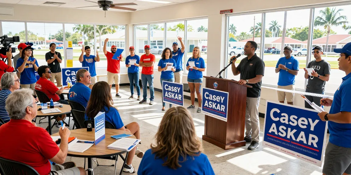Casey Askar addressing a diverse crowd at a community center during his political campaign.