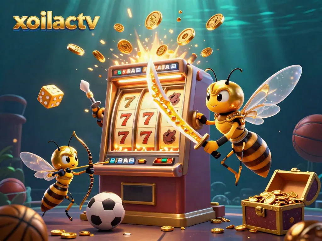 Xoilactv showcases a vibrant 3D scene of sports betting excitement with cartoon characters amidst jackpot elements.