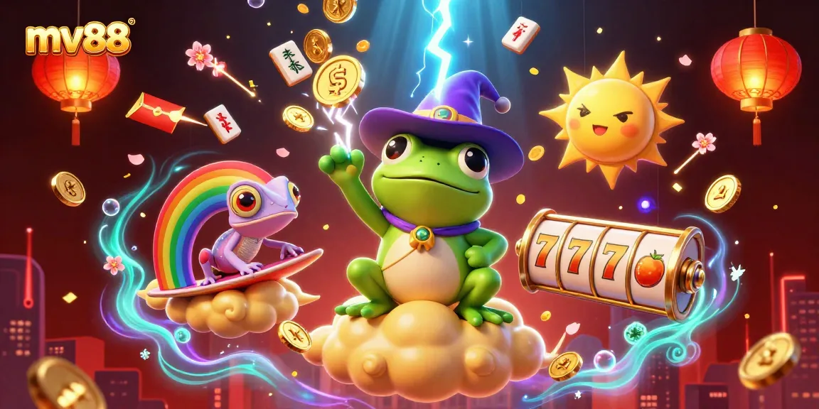 Win big at mv88 with a dynamic scene of golden coins, vibrant casino elements, and magical creatures.