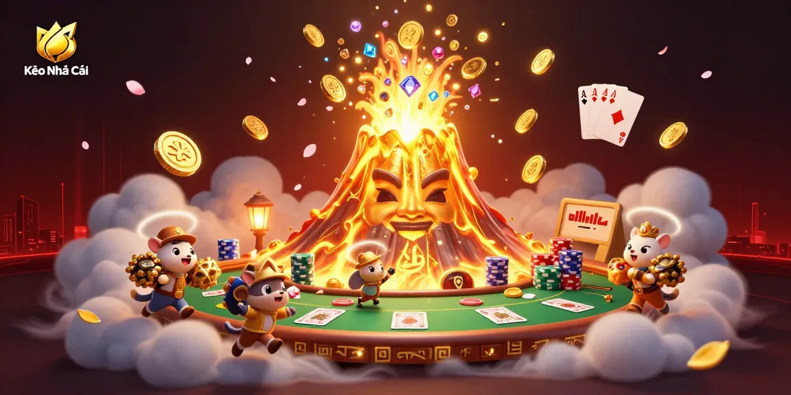 Kèo Nhà Cái features a golden volcano erupting treasure with poker elements, creating an exciting gambling scene.